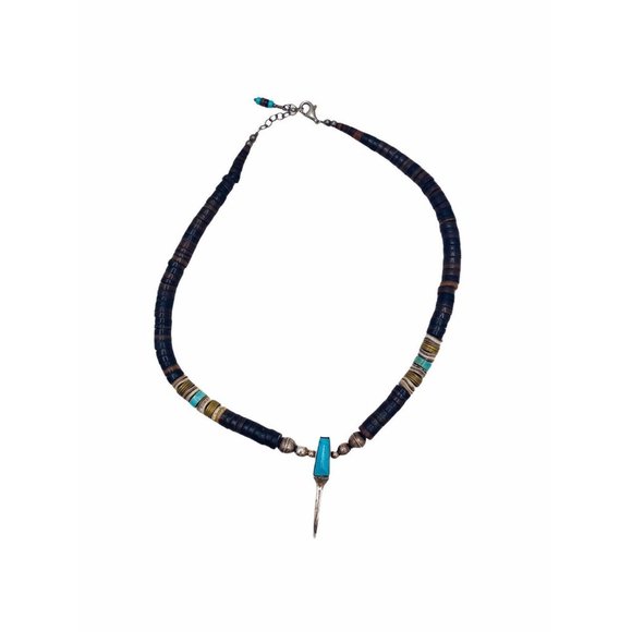 Vintage Navajo Handmade Silver Turquoise Pipestone Beaded Necklace Claw Pendant - Picture 3 of 13